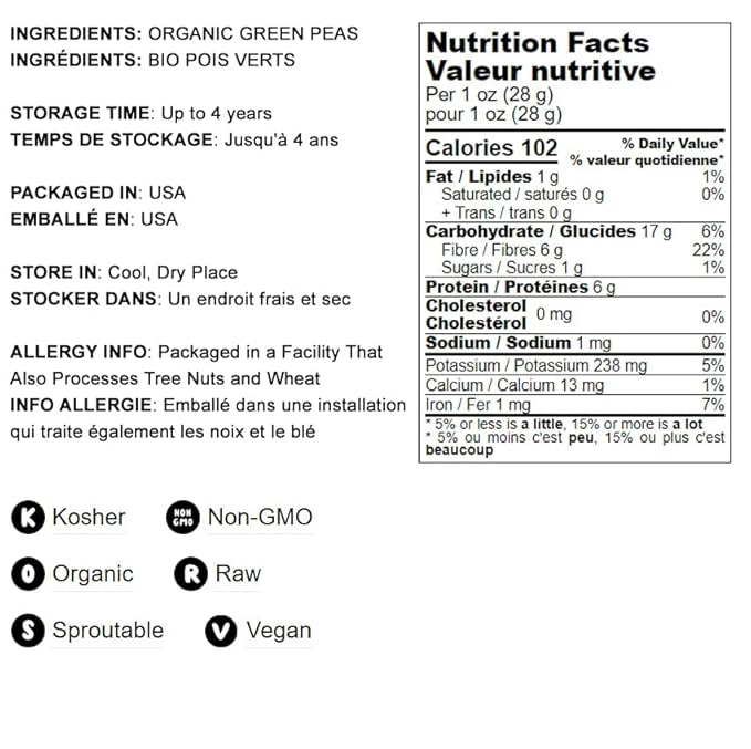 Food to Live Organic Whole Dried Green Peas, 25 Pounds – Non-GMO, Green Vatana, Sproutable, Vegan, Kosher, Bulk. Pre-Soak Needed. Rich in Protein, Fiber. Great for Green Curry, Stews, Salads, Pea Soup