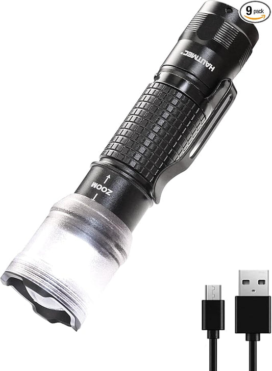 HAUTMEC 700 Lumens Rechargeable Flashlights Waterproof LED Flashlight with Zoomable Beam Bright Tactical Pocket Flashlight Torch with Adjustable 4 Modes for Camping, Outdoor, Hiking, Emergency