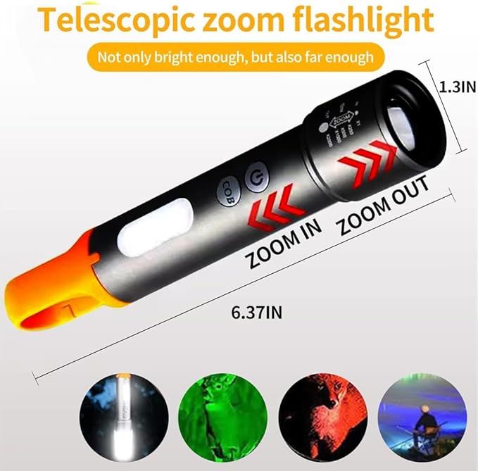 LED Rechargeable Tactical Flashlight High Lumens, Brightest Flashlights for Emergencies Camping COB Sidelight, Zoomable Multicolor Lenses Flashlight Hiking Hunting.