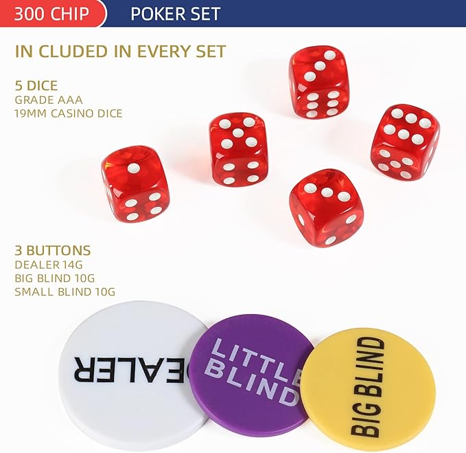 300Pcs Poker Chips Set for Texas Holdem,Blackjack,Professional Poker Kit with Aluminum Case,2 Decks Cards,Dealer,Big Small Blind Buttons and 5 Dice,11.5 Gram Gambling Chips for Casino Games