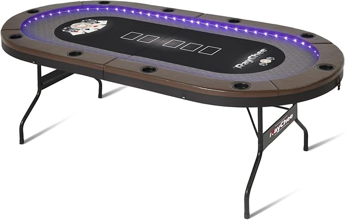 LED Poker Table, 84" 10 Player Foldable Texas Holdem Table w/Inlaid LED Light, 2 USB & 2 Type-c Ports, Portable Blackjac for Texas Card Game w/Cup Holders and Padded Rails (Brown)