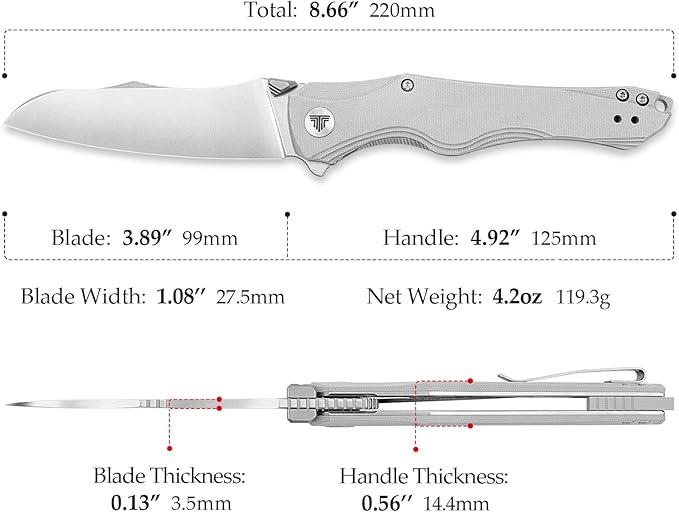 Knives, EDC Folding Knife for Men, Flipper Pocket Knife with Clip, Sharp Hiking Camping Survival Knives, G10 Handle and Ti Thumb Studï½?.89'' Stonewash 14C28N Steel Blade｜Triton-03
