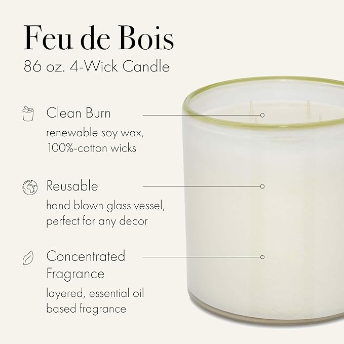 LAFCO New York Luxe 4-Wick Candle, Feu de Bois - 86 oz - 200-Hour Burn Time - Reusable, Hand Blown Glass Vessel - Made in The USA