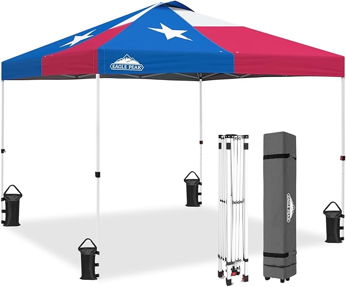 EAGLE PEAK Pop Up Canopy Tent with Wheeled Carry Bag, 8 Stakes, 4 Ropes, 4 Weight Bags, Easy Set Up Tent Canopy, 10x10 ft, 100sqft of Shade, Texas