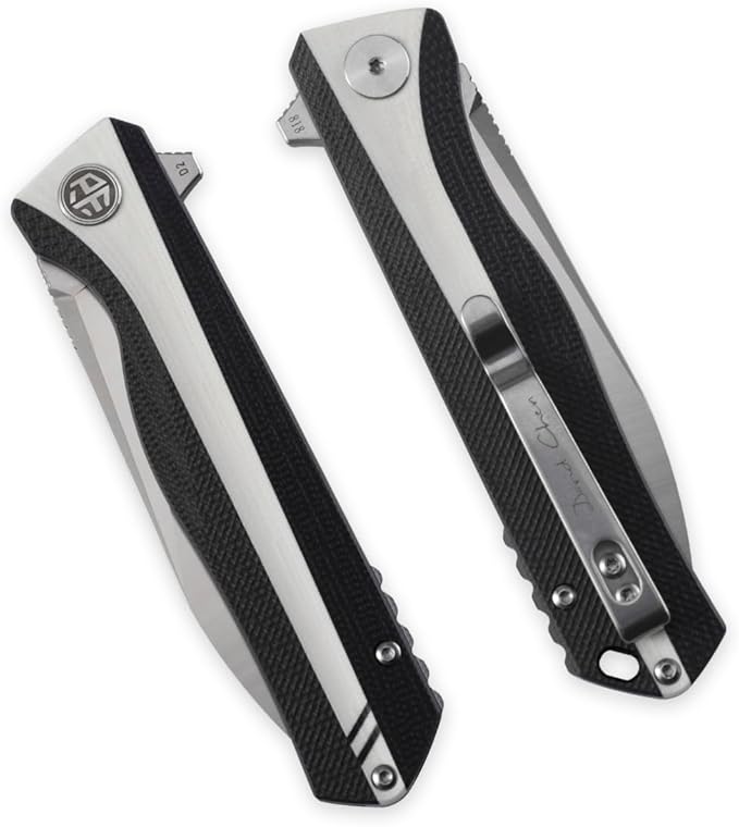 Petrified fish PF818,3.54" D2 Blade,104g G10 Handle Flipper Folding knife (Black and White, Satin)