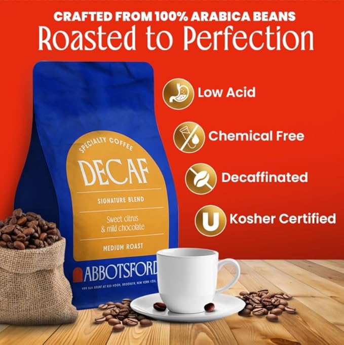 Abbotsford Road Whole Bean Decaf Coffee, Specialty Medium Roast 12 oz Bag, Chemical-Free Arabica Decaffeinated Coffee Beans, Freshly Roasted, Flavored Swiss water decaf coffee Beans, Sweet Citrus & Mild Chocolate Notes