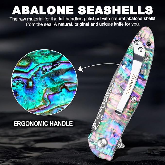 Damascus Pocket Knife for Women, 2.87" Damascus Steel Blade EDC Knives for Men, Abalone Shells Handle, Pocket Knives & Folding Knives for Indoor Outdoor Camping Hiking