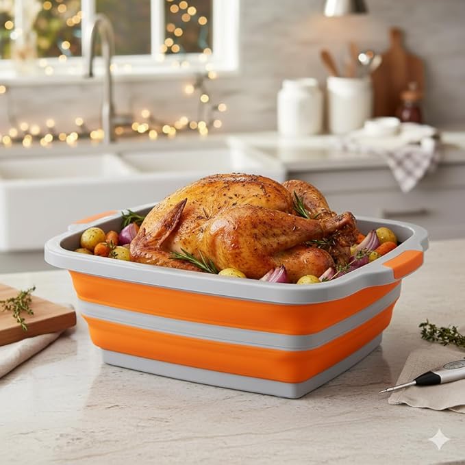 Collapsible X-Large (16L) BBQ Marinating Tub w/Cutting Board | Multipurpose Food-Grade TPE Prep Tub w/Lid | Built-In Colander & Drain Plug - For Camping | Tailgate | Picnic - Bold Orange