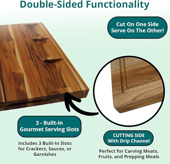 EcoDecors, Teak Cutting Board 20"x15" Reversible Edge Grain, Extra Large Solid Teak Wood Carving Board with Juice Groove, 3 Charcuterie Trays, Side Handles, Best Wooden Cutting Board for Kitchen
