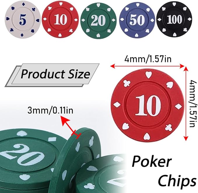 200Pcs Poker Chips, Poker Chips Set with Denominations for Card Board Game, Plastic Game Chips with Black Velvet Pouch Bag, Math Counting Chips,Game Night Party Supplies