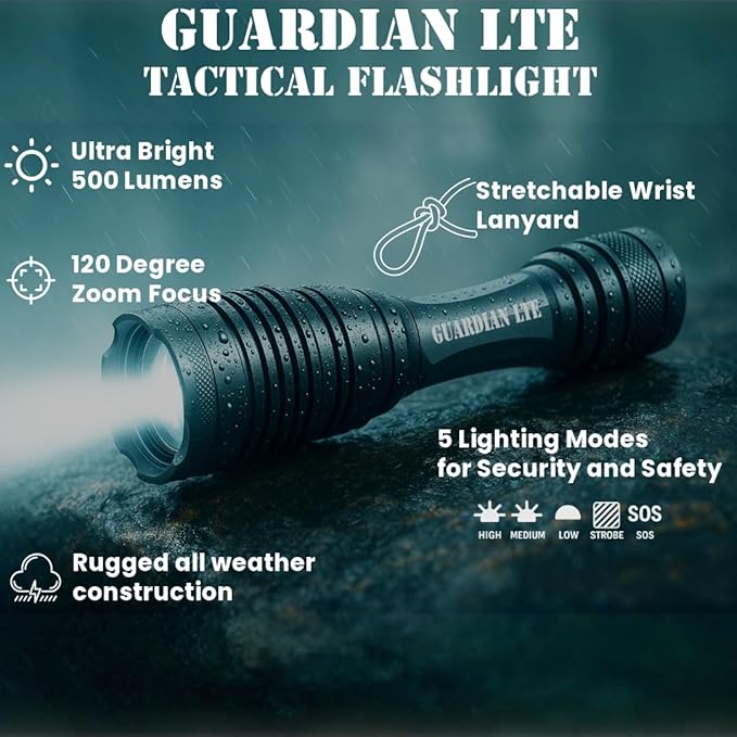 Guardian LTE Tactical Flashlight, 500 Lumens, Zoom?‘Focus, Water?‘Resistant IPX5, 5 Modes (High/Med/Low/Strobe/SOS), Dual?‘Power: 3×AAA (Included) or Rechargeable, Type III Aluminum, 5.5" Compact