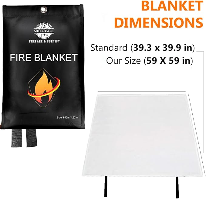 SAFECASTLE Emergency Fire Blanket 59"x59" Large Size, 1 Pack Fire Retardant Blanket with Fireproof Tabs for Home, Warehouse, Outdoor, Office, Car and Camping Fire Protection Survival Safety