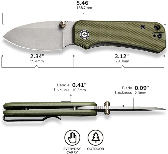 CIVIVI Baby Banter Pocket Folding Knife for EDC, 2.34" Blade Small Knife with Titanium Thumb Stud Opener C19068S-5 (Green)