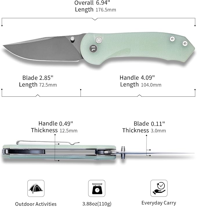 Button Lock Pocket Knife with 2.85 inch VG10 Steel Blade G10 Handle, Folding Knife for EDC, Natural Green