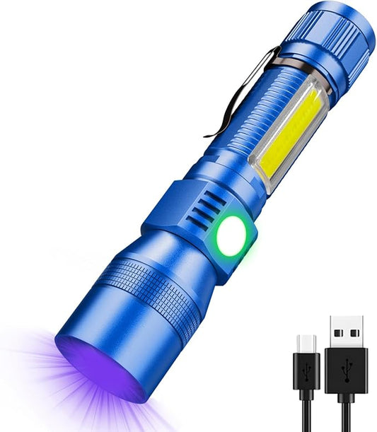 UV Flashlight Black Light, USB Rechargeable Flashlight with Magnetic Base - High Flash Light, Side Light, 7 Modes, Zoomable, Waterproof ??LED Torch for Mechanics Pet Urine Stains Detection, Blue (1)