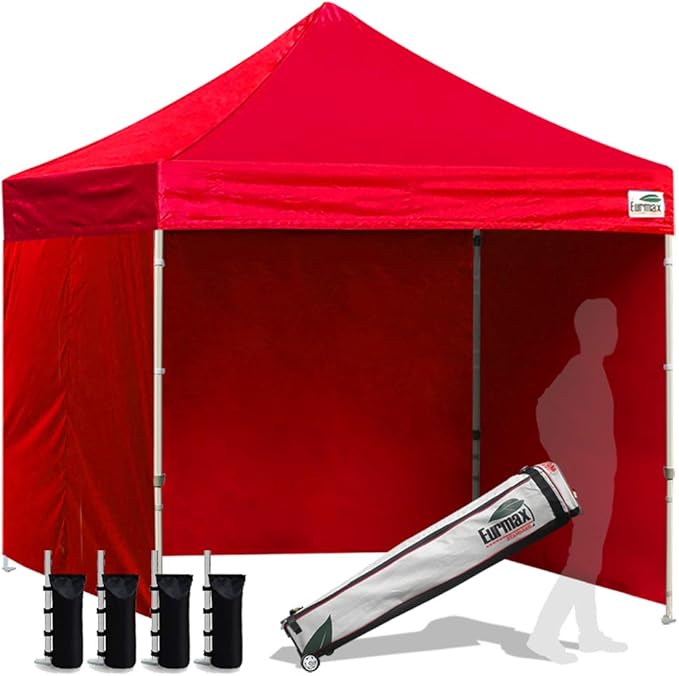 Eurmax USA 8'x8' Pop-up Canopy Tent Commercial Instant Canopies with 4 Removable Zipper End Side Walls and Roller Bag, Bonus 4 SandBags(Red)