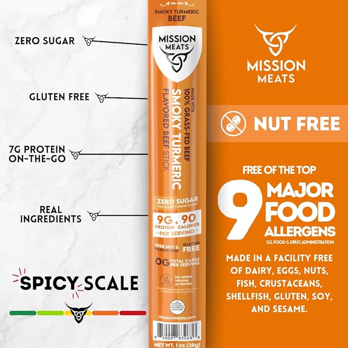 Mission Meats Beef Sticks – 100% Grass Fed & Pasture Raised, Sugar Free, Individually Wrapped Healthy Snacks, Whole 30 & Paleo Friendly, Smoky Turmeric 1oz (Pack of 12)