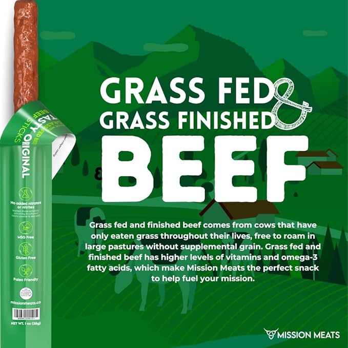 Mission Meats Beef Sticks – 100% Grass Fed & Pasture Raised, Sugar Free, Individually Wrapped Healthy Snacks, Whole 30 & Paleo Friendly, Original 1oz (Pack of 12)