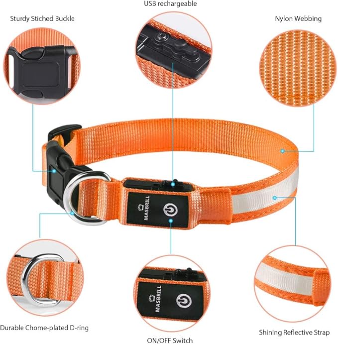 MASBRILL Light Up Dog Collar - LED, Rechargeable, Waterproof Glow Collar for Night Walking with Small, Medium, Large Dogs