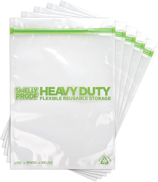 Smelly Proof REUSABLE STORAGE BAGS, Extra Large HEAVY DUTY 5-mils US-Made, BPA FREE, NO PEVA, Dishwasher-Safe Reusable Freezer Bags Triple Zip CLEAR FLAT XXL 2-Gallon 12" x 16" - 5pk