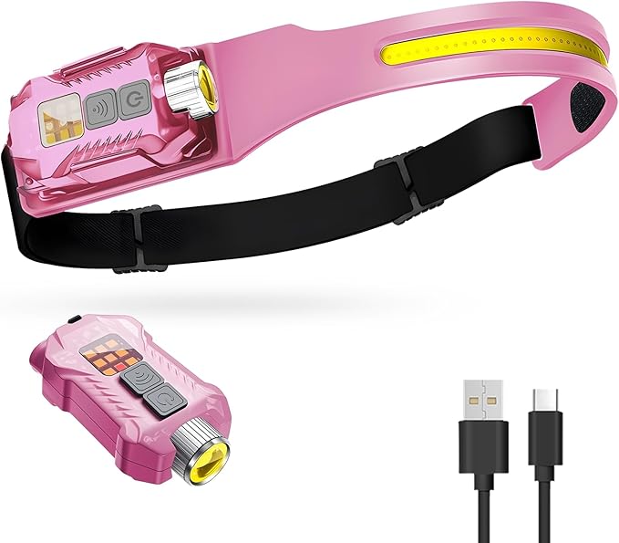 Victoper 2in1 Rechargeable Headlamp, 230° Wide Beam LED Head Lamp with Detachable Flashlight Motion Sensor for Adults, Waterproof Magnetic Black Light for Hiking, Running, Fishing (Pink, 1 Pack)