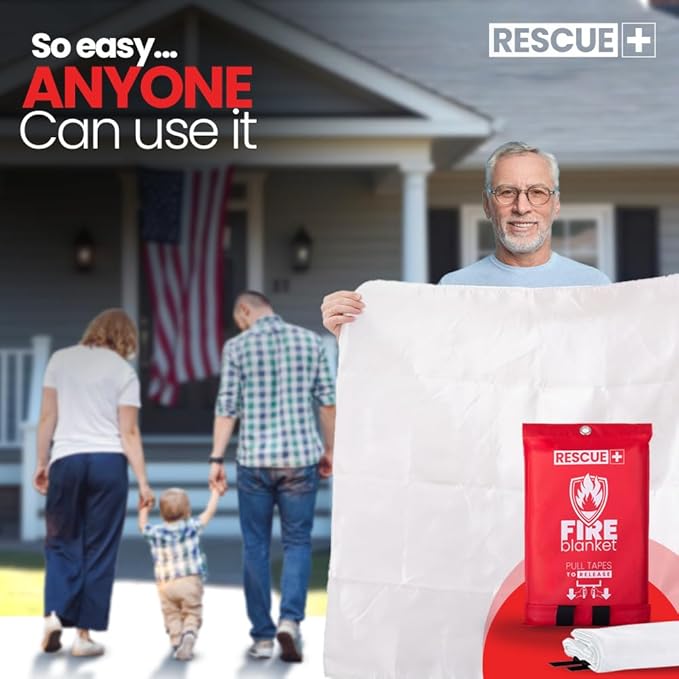 Rescue+ Emergency Fire Blanket for Home, Kitchen, Workplace & Travel, 40??x 40??Fiberglass Flame Retardant Safety Blanket, Fire Suppression for House, Camping, Car Emergencies - 1 Pack
