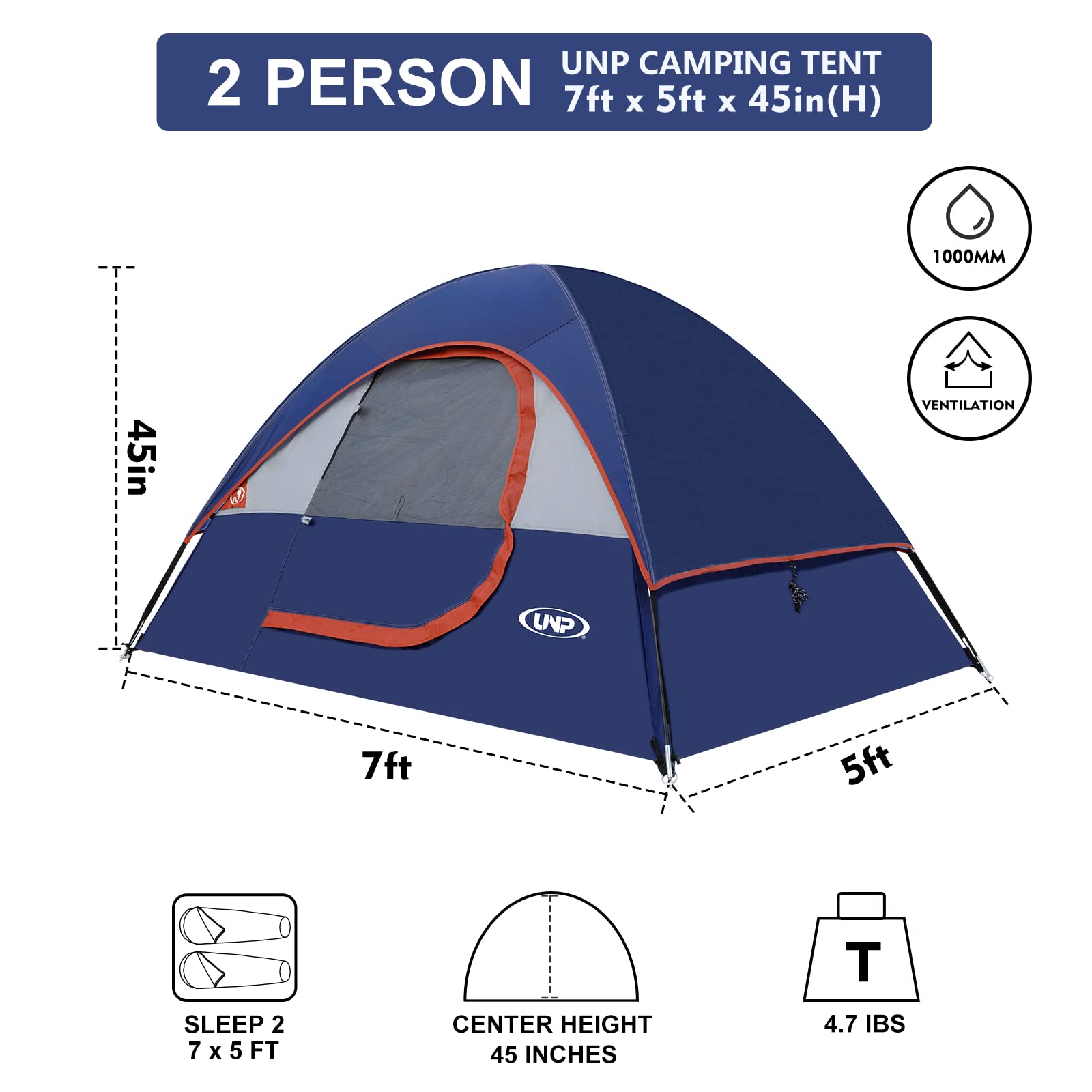 UNP 2 Person Camping Tent Waterproof Family Dome Tent Outdoor