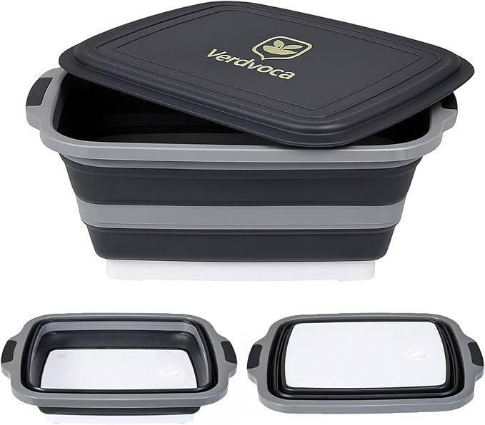 Collapsible BBQ Prep Tubs with Lids, Grill Cutting Board, Camping Sink with Drainage Hole for Meal Prep, Fruit Wash and Food Storage, Marinating Container, 30L Black Tub 24"
