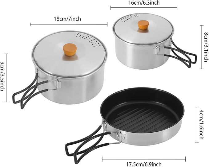 Camping Cookware Set, Camping Cooking Set,304 Stainless Steel Camping Pots &Frying Pan Set,Campfire Cooking Equipment with Storage Bag for Camping,Household, Hiking, Beach Trips