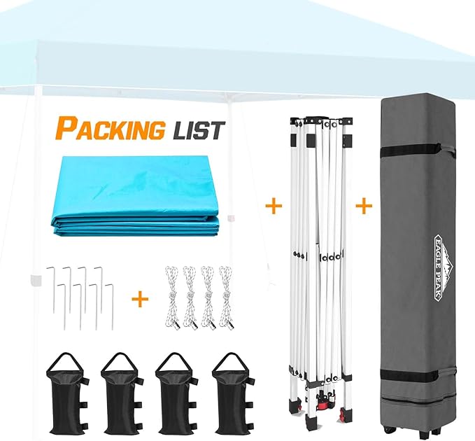 EAGLE PEAK Pop Up Canopy Tent with Wheeled Carry Bag, 8 Stakes, 4 Ropes, 4 Weight Bags, Easy Set Up Tent Canopy, 10x10 ft, 100sqft of Shade, Light Blue