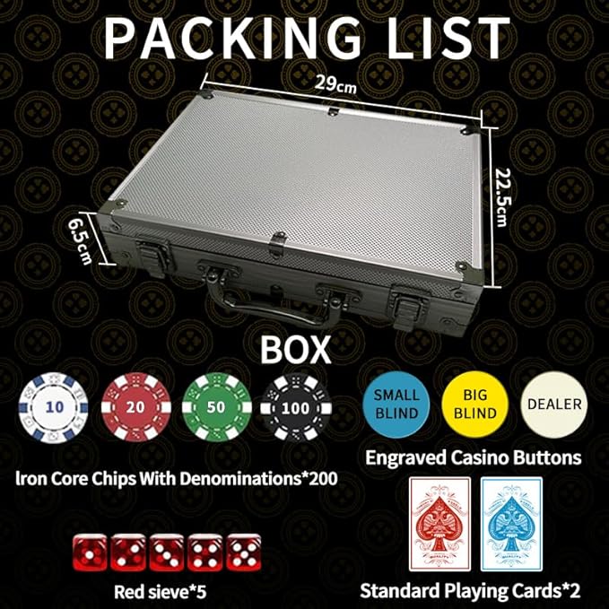 Poker Chips with face Value, 200 11.5 g Weighted Digital Casino Chips Set, 5 dice, 2 Decks of Cards, with Compact Aluminum case, for Texas Hold'em, Blackjack, Ages 8 and up