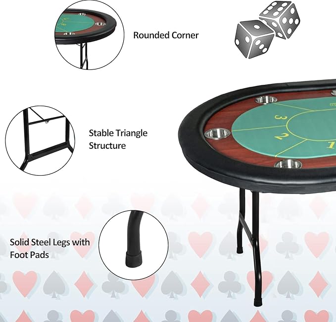 Premium 84" Poker Table Foldable with Chips Tray, 10 Player Oval Folding Portable Texas Holdem Table with Cushioned Rail & Stainless Steel Cup Holders, Green Felt Surface