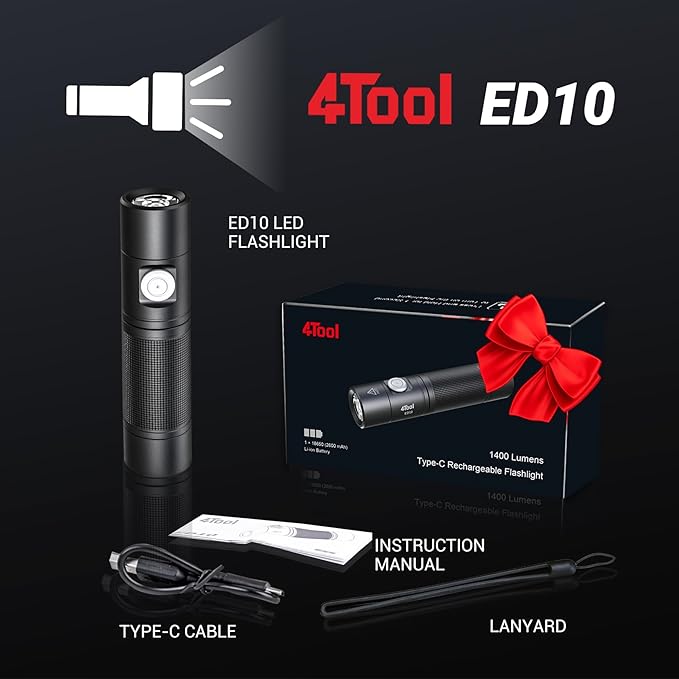 NEXTORCH LED Flashlight 1400 Lumens, Powerful Emergency Rechargeable Mini Compact Bright Flashlight with 4 Modes & Strobe Function for Outdoor and Indoor Use (4Tool ED10)