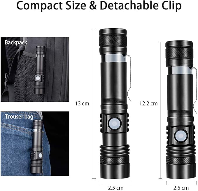 iToncs Rechargeable Flashlight, Pocket-Sized Torch with Super Bright High Lumens LED, Water Resistant, Zoomable, LED Tactical Flashlights with Clip, 4 Modes for Camping Hiking and Emergency(2 Pack)