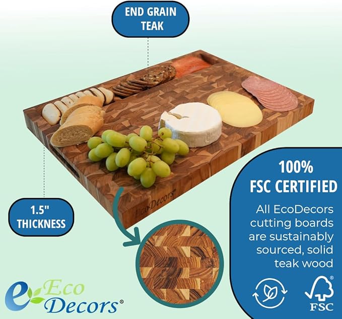 EcoDecors FSC Certified Solid Teak Cutting Board 20x15, Reversible End Grain Wood Board with 3 Charcuterie Trays for Kitchen, Cheese, Meat & Serving