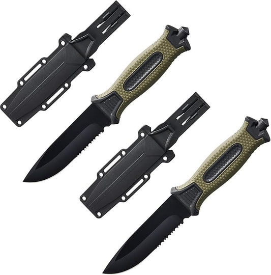 2pcs 10" Fixed Blade Tactical Knives with Sheath and Clip, Survival Full Tang Non-Slip Handle Knife for Camping, Hunting, Adventure, Outdoors, EDC, Green Handle