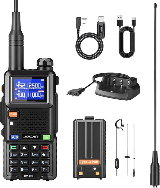 5RH Ham Long Rang Walkie Talkies 10W (Upgraded of UV-5R), 999CH One Key Frequency Match, 2500mAh Battery Rechargeable Walkie Talkies, with Programming Cable, Earpiece, Type-C Charging(1 Pack)