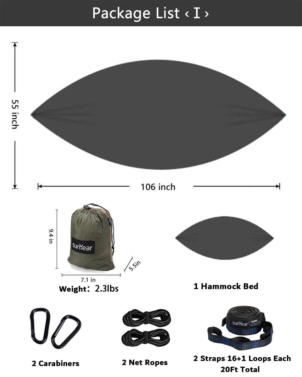 Sunyear Hammock Camping with Rain Fly Tarp and Net, Portable Camping Hammock Double Tree Hammock
