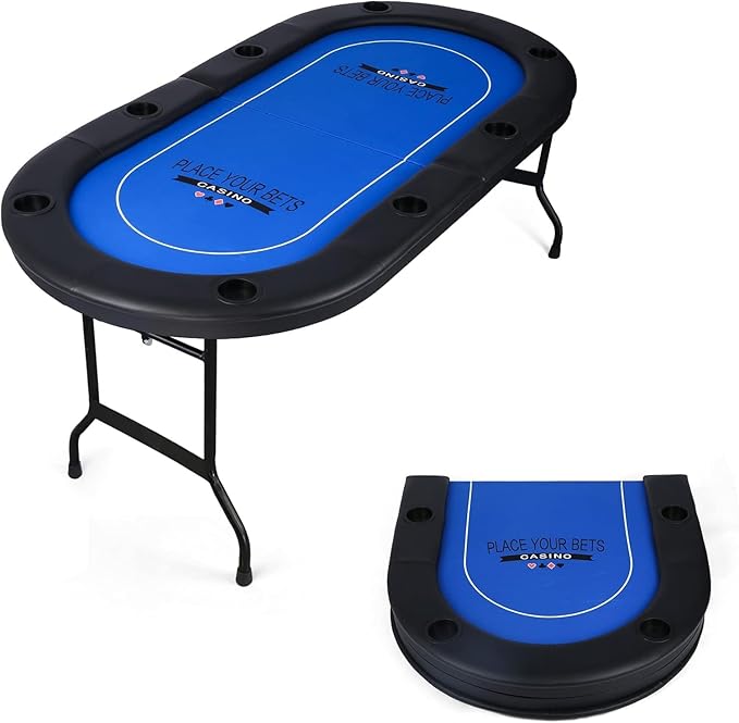 Upgraded 8 Player Poker Table with Plastic Cup Holder, Foldable Texas Hold'em Table, Portable Casino Table with Padded Rails, Blue Felt Surface, for Blackjack Card Game