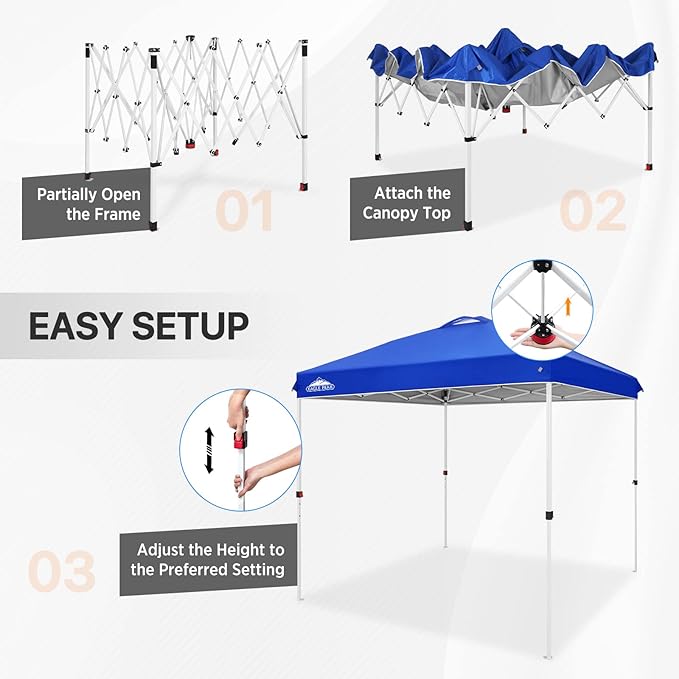 EAGLE PEAK Pop Up Canopy Tent with Wheeled Carry Bag, 8 Stakes, 4 Ropes, Easy Set Up Tent Canopy, 8x8 ft, Blue