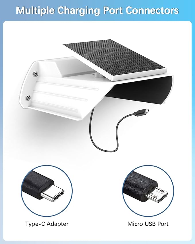 Low-Power Camera Solar Charging Mount, Solar Panel Charger Kit with Built-in 8000mAh Rechargeable DC 5V Battery, Type-C & Micro USB