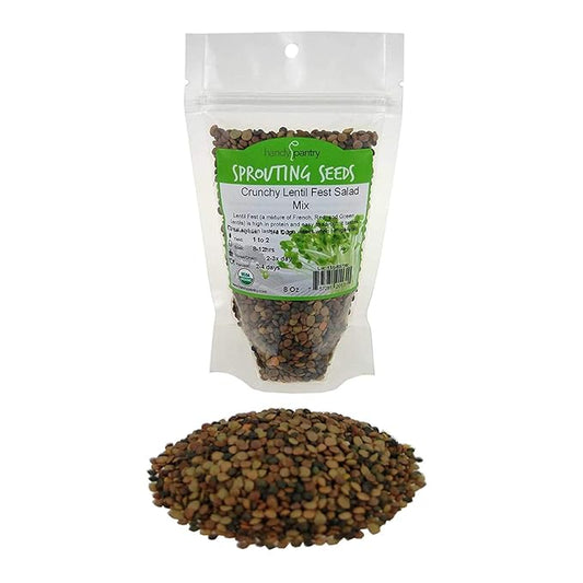 Crunchy Lentil Fest Sprouting Seed Mix - 8 Oz - Handy Pantry Brand - Organic - Green, Red & French Lentils- Edible Seeds, Salad, Soup, Sprouts & Food Storage