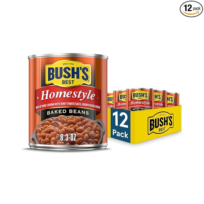 BUSH'S BEST 8.3 oz Canned Homestyle Baked Beans, Source of Plant Based Protein and Fiber, Low Fat, Gluten Free, (Pack of 12)