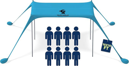SUN NINJA Beach Tent Sun Shelter UPF50+ - Easy Pop Up Beach Canopy - Outdoor Shade for Camping Trips, Fishing, Backyard Fun Picnics - Sand Shovel, Ground Pegs & Stability Poles