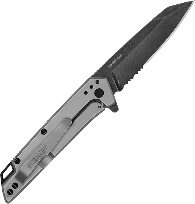 Kershaw Grid Folding Pocket Knife, 3.7 inch Black Serrated Blade, Steel Handle, Pocketclip & Misdirect Pocketknife; 2.9 in. 4Cr13 Serrated Black-Oxide Blackwash Finish Blade
