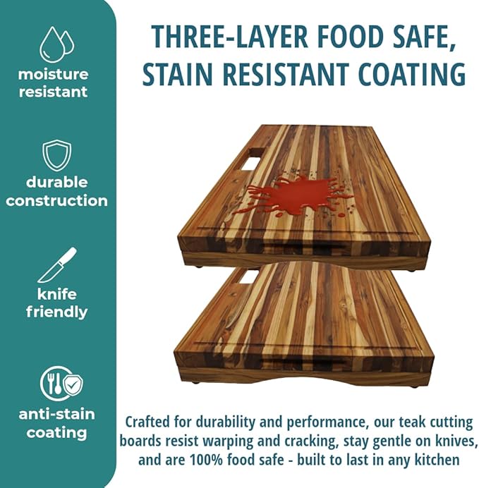 EcoDecors, Teak Edge Grain Cutting Board 34"x20", Extra Large Solid FSC Teakwood Butcher Block with Juice Groove, Handles & Waste Slot, Best Wooden Cutting Board for Kitchen Stove-Top Prep