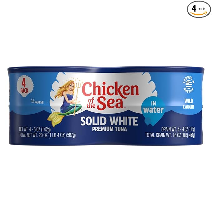Chicken of the Sea Solid White Premium Albacore Tuna in Water, 5 oz. Cans (Pack of 4), Wild Caught Tuna
