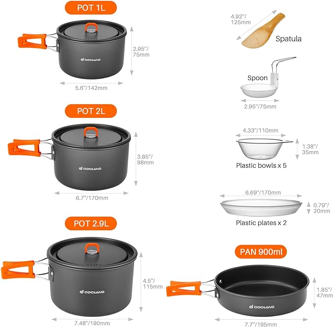 Odoland 15pcs Camping Cookware Non-Stick Lightweight Camping Pots and Pans Set with Plastic Plates Bowls Soup Spoon for Camping, Backpacking, Outdoor Cooking and Picnic