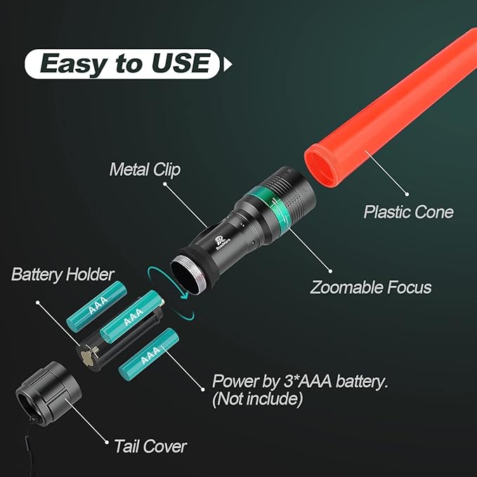RoadHero 2 Pack Traffic Wand,11 Inch Flashlight Led Traffic Control Baton, Small Orange Safety Wands, Air Marshaling Wand with 5 Flashing Modes, Night Signal Light for Airport, Parking Directing