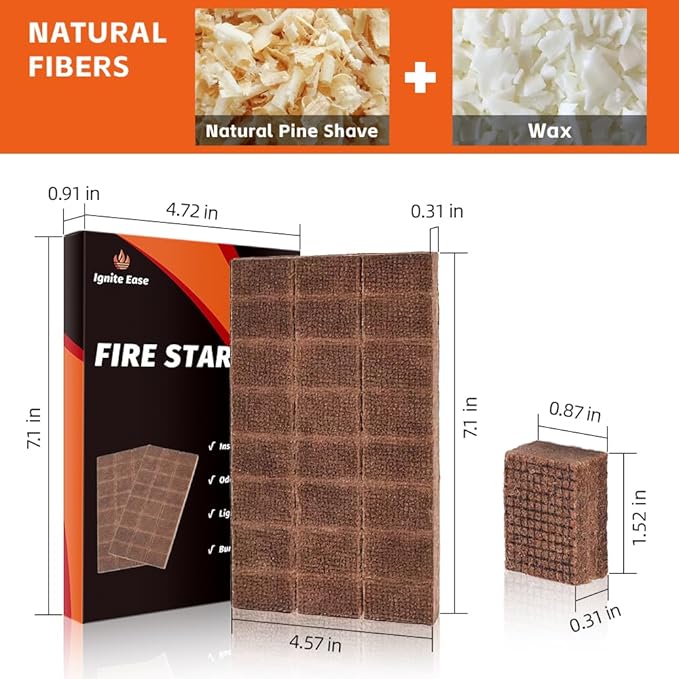 48-Pack Fire Starter Squares - Waterproof Cubes for Charcoal Grill, Camping & Survival | Odorless, Eco-Friendly Firelighters for Fire Pit, BBQ, Wood Stove